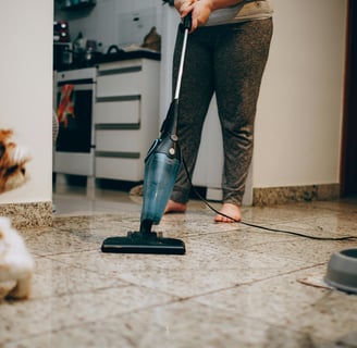 a person vacuuming to prevent fleas spreading