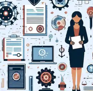 Illustration of a female professional surrounded by patent-related icons