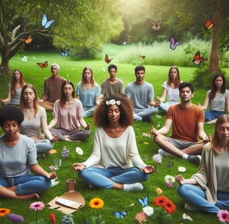 a group of people sitting in a circle with flowers