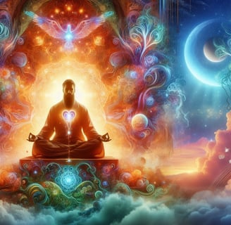 a man sitting in a meditation position with a glowing light