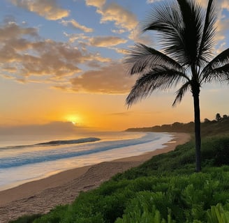 a palm tree on a beach at sunset