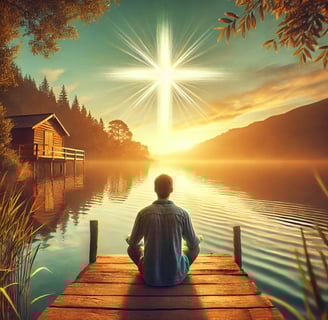 a man sitting on a dock with a cross on the water