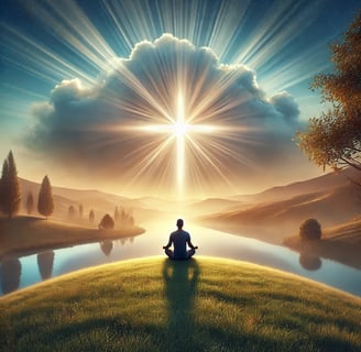 a man sitting in a field with a cross on a sunny day