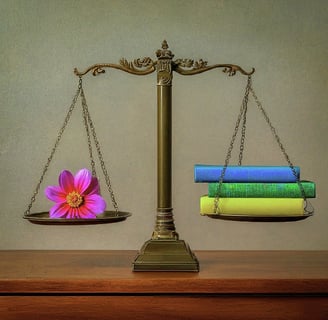a scale with boocks and a lotus flower