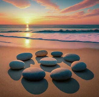 a group of rocks on the beach at sunset