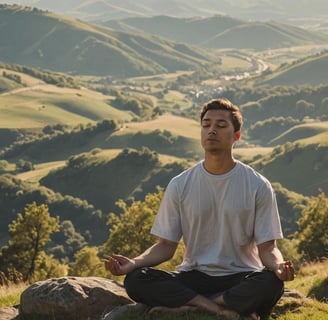 a man sitting in a meditation position on a mountain
