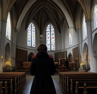 a woman in a black dress standing in a church