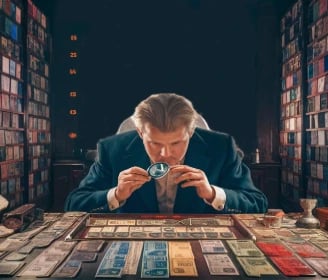 Image of a collector looking at banknotes
