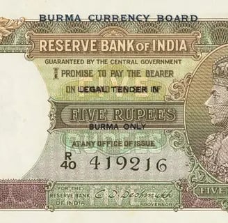 Burma Currency Board 5 Rupees King George VI Banknote