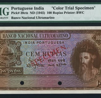 Portuguese India Color Trial Specimen 100 Rupias PMG Grade 66