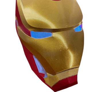 a helmeted iron man mask with a red and gold helmet