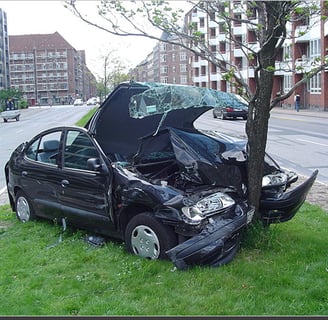 Wrecked vehicle with tree