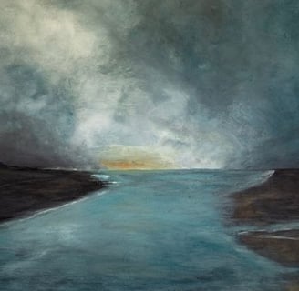 Abstract seascape painting with dark shoreline and a soft yellow sunset on the horizon
