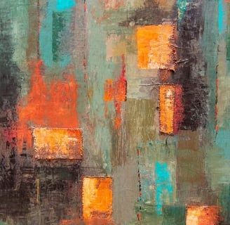 Abstract painting with textured blocks in orange and teal on a muted green background