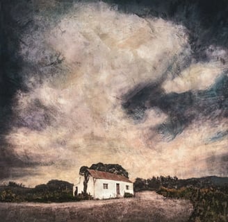 Textured landscape painting by Martin Osner showing a white farmhouse with a red roof under a large dramatic sky