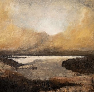 Textured landscape painting by Martin Osner showing a reflective river or lake surrounded by earthy hills under a golden sky