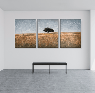 Triptych landscape painting by Martin Osner showing a single tree in a golden field under a soft grey sky, on exhibition