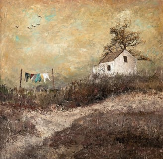 Textured landscape painting by Martin Osner showing a white cottage on a hill with a tree behind it, a line of washing