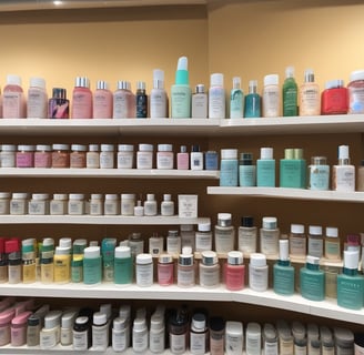A supermarket shelf displays a variety of skincare and personal care products. On the left, there are white bottles labeled Satin Care with aloe vera graphics. In the middle, blue and white bottles of Cien branded body lotions and creams are organized in boxed displays with clearly visible price tags above them. To the right, razor packs are neatly arranged, also marked with the Cien brand. The shelf is well-organized with different product categories neatly segregated.