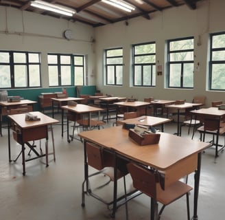 A classroom filled with students sitting at desks, with a teacher standing near a chalkboard. The chalkboard contains various written topics such as definition, feelings, and treatment. A student in the foreground raises their hand, suggesting active participation. The walls are adorned with colorful artwork and educational posters. A map of Europe is displayed prominently.