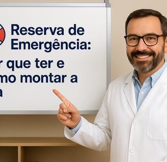 Dr. Finanças explicando a importância da reserva de emergência em quadro branco, com sorriso acolhed
