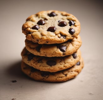 A hand is holding one of four oatmeal cookies on a white plate, with a bite taken out of it. The cookies have a rustic, homemade appearance with visible oats and a slightly chunky texture.