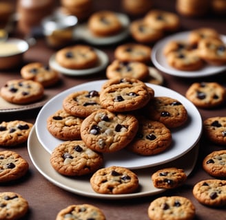 A hand with a tattoo reaches for a stack of homemade cookies on a cooling rack. The cookies are topped with white and dark chocolate chunks along with dried red fruit. A glass of milk sits in the background on a beige tablecloth, contributing to a cozy, homey atmosphere.