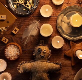 a teddy bear sitting on a table with candles and candles