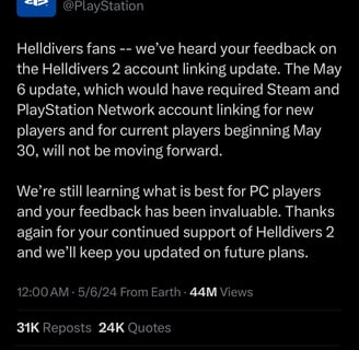 PlayStation official Twitter account talking about Helldivers 2 fans and linking PSN