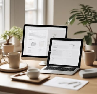 Minimalist digital workspace with a laptop displaying a Notion daily routine template, surrounded by