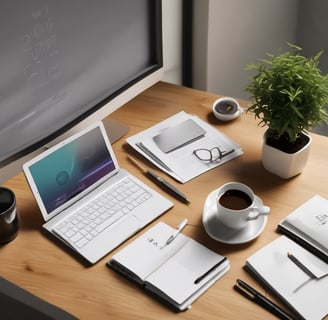 Bright living room with modern inventory, Organized modern desk with a tablet showing a digital plan