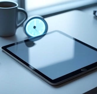 A digital planner on a tablet with a clock and office items, symbolizing smart time management and p