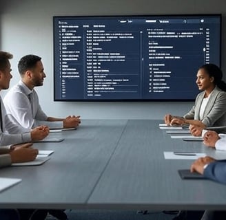 A business team in a meeting room using a large screen with a Notion project tracker showing tasks, 