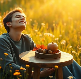 boy relaxing in field of flowers