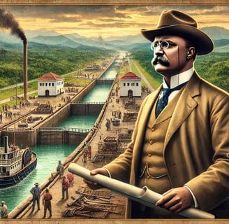 A digital image of Theodore Roosevelt overlooking the construction of the Panama Canal