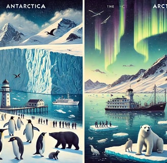 A comparison of Antarctica and the Arctic, showing icy landscapes, polar wildlife, and geographical 