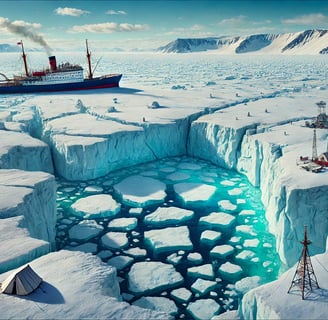 Illustration of the North Pole, showing floating sea ice with cracks exposing the Arctic Ocean, an i