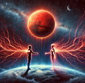 two people standing on a planet with a red planet in the background