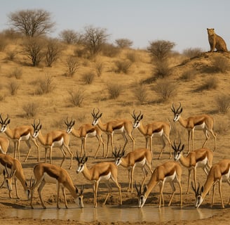 Springboks at a water hole during shoulder season