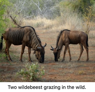 Two wildebeest grazing in the wild