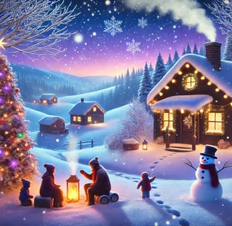 a family christmas scene with a christmas tree and a snowman