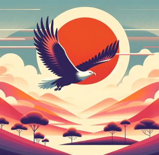 a bird flying over a mountain with a sun setting