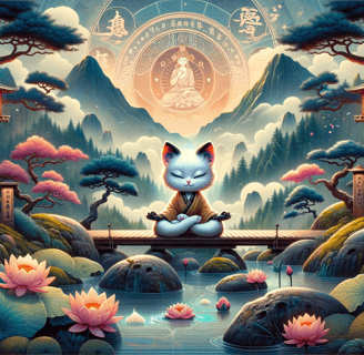 a cat sitting on a bridge with a buddha statue