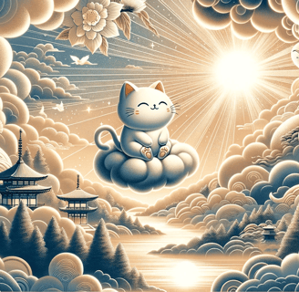 a cat sitting on a cloud filled sky