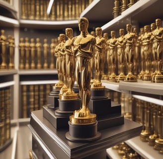 A collection of gold-colored statues resembling awards lined up on shelves. Each statue features a standing figure holding an object, set against a perspective view that emphasizes the rows. The lighting highlights the shiny, reflective surfaces of the trophies.