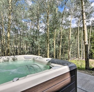 Outdoor hot tub surrounded by tall aspen trees under blue sky