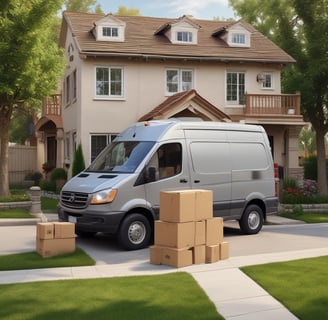 A large delivery truck is parked on the side of a city street with its back door open, revealing boxes and a dolly. In the background, tall buildings with numerous windows rise, and a sign for Warehouse Wines is visible. A city bus is stopped nearby, with several pedestrians walking on the sidewalk.