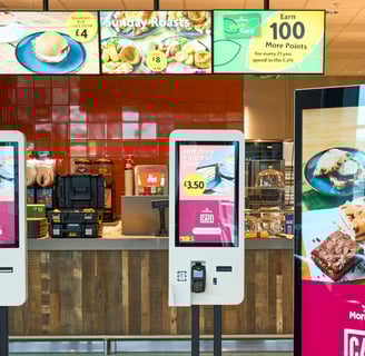 Digital signage screens, and digital order points, in a hospitality setting