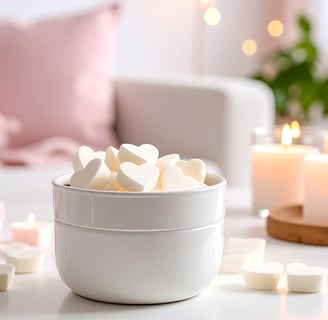 a bowl of white heart wax melts sitting on a table