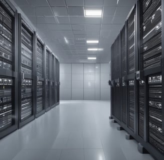 A digital rendering depicting a tall, metallic server rack positioned centrally on a platform. The server appears to have multiple blue-lit slots. Surrounding the rack, there are several stacks of cylindrical objects resembling databases or storage units, all set against a dark background.